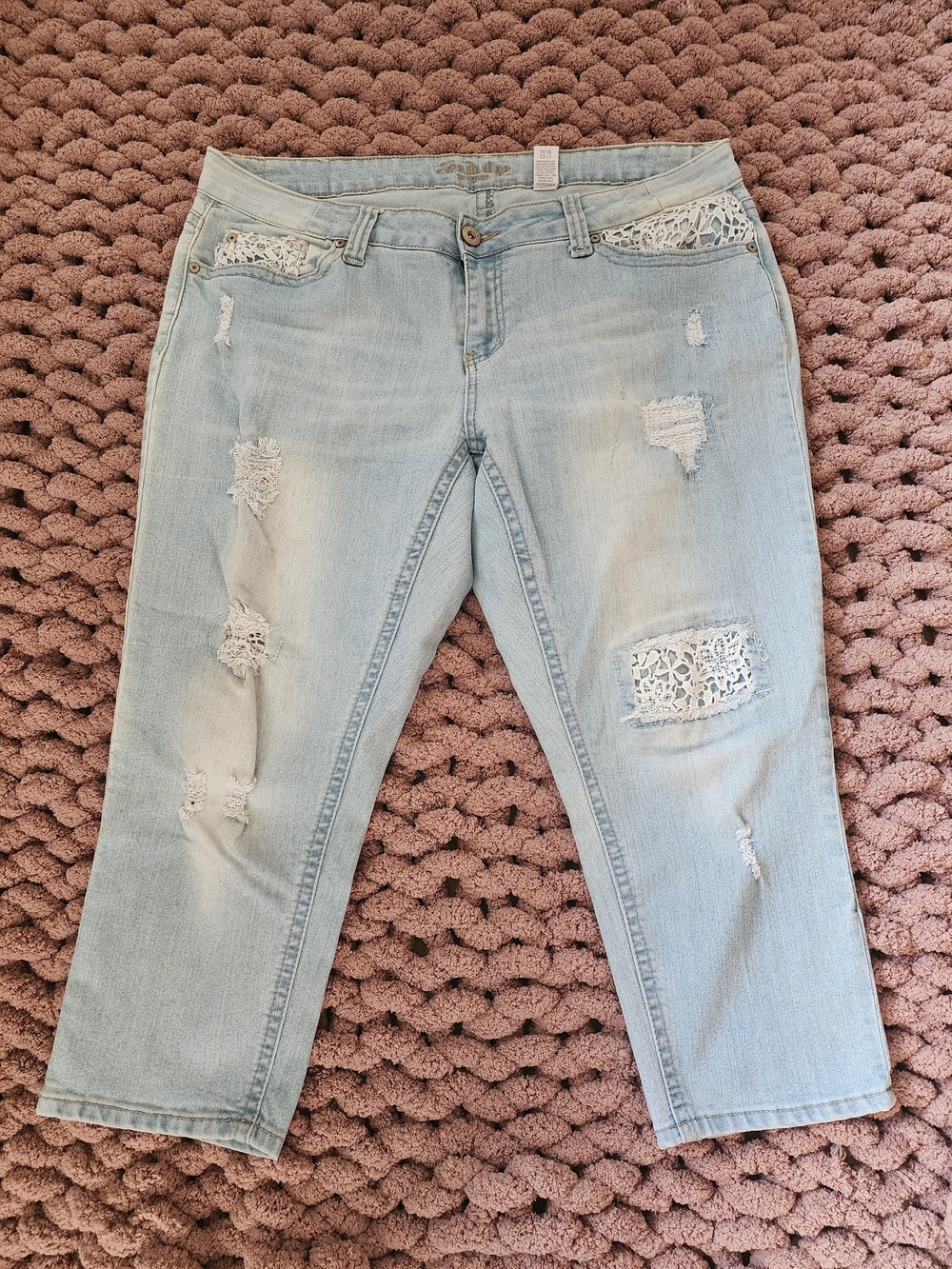 Indigo Light Blue Distressed Cropped Jeans with Lace Inset